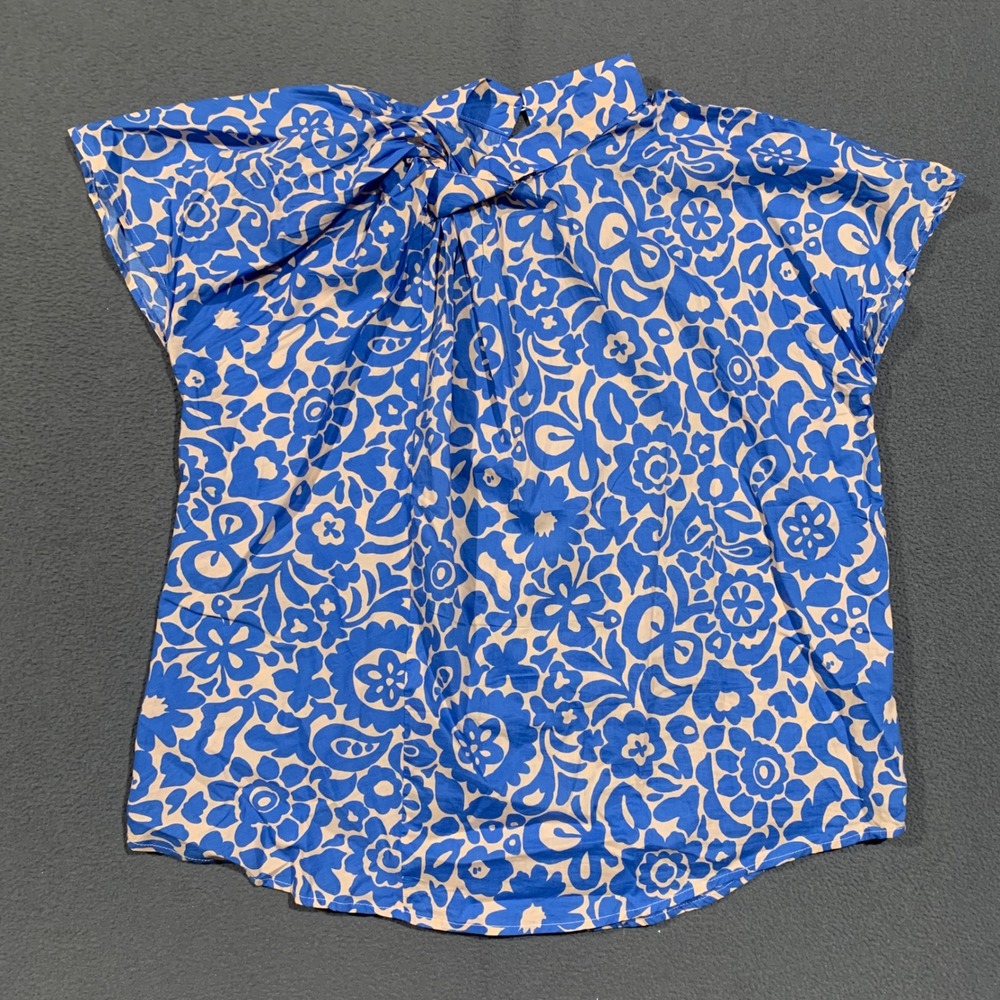 Blue Tassel Blouse Women Medium Blue Tan Floral Twist Neck Cotton Boho Top